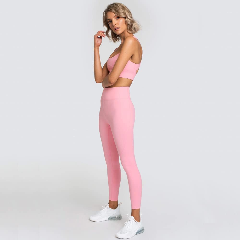 Hotexy Women Workout Sets High Waisted Plain Pink Yoga Leggings with Stretch Sports Bra Gym Set