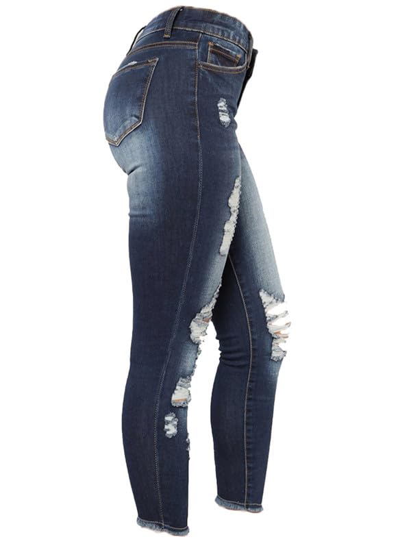 Andongnywell Women's Stretchy Ripped Hole Skinny Jeans Butt Lifting Distressed Denim Pants with Pockets Trousers Blue