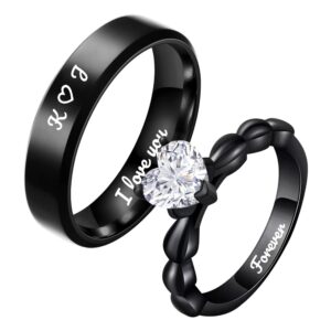 grbbn stainless steel ring set, personalized classic black cz statement rings for women, 2pc adjustable anniversary wedding bands