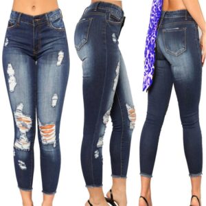 Andongnywell Women's Stretchy Ripped Hole Skinny Jeans Butt Lifting Distressed Denim Pants with Pockets Trousers Blue