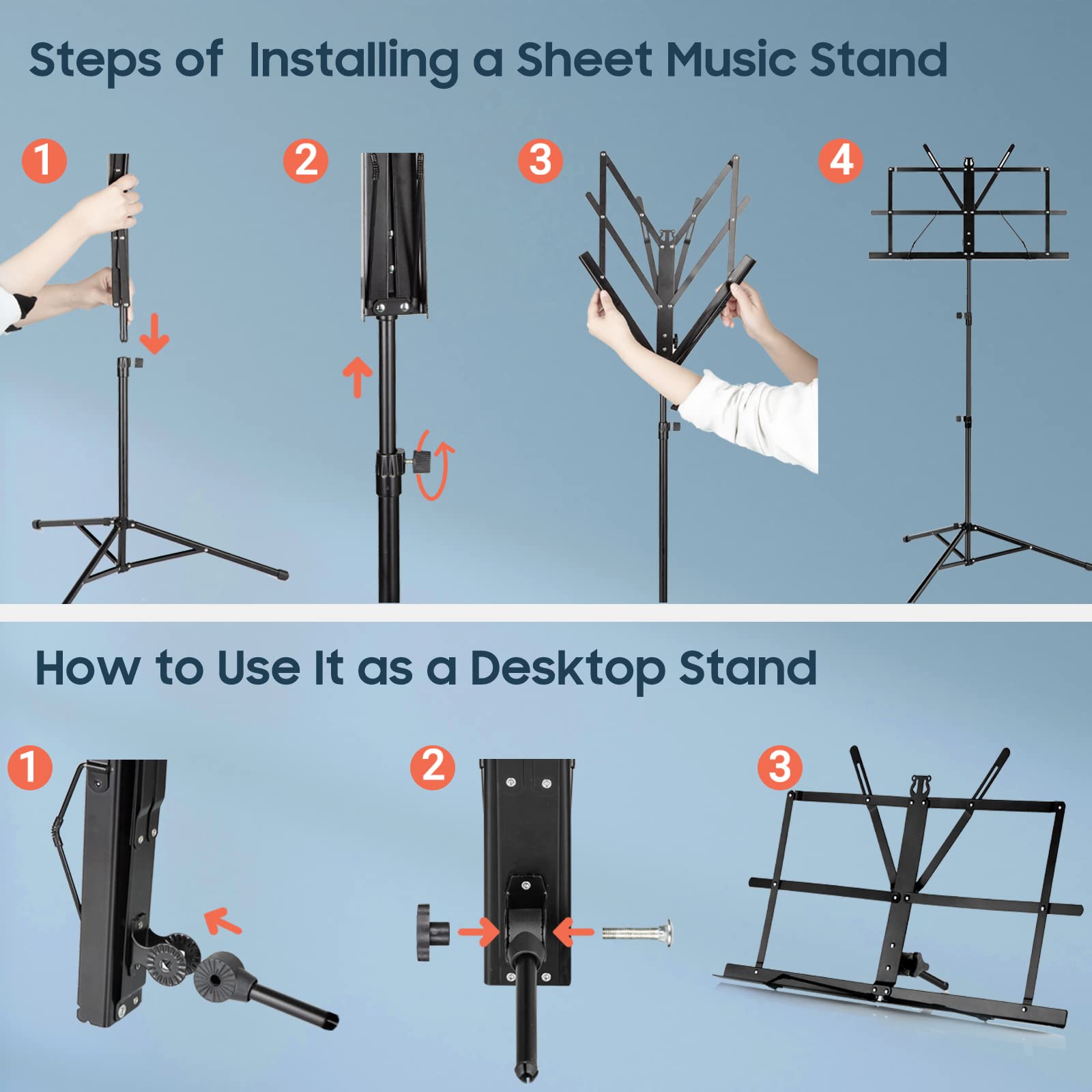 CAHAYA Dual-Use Reinforced Folding Sheet Music Stand with Stand Light & Desktop Book Stand Lightweight Portable Adjustable with Carrying Bag Including Music Sheet Clip Holder