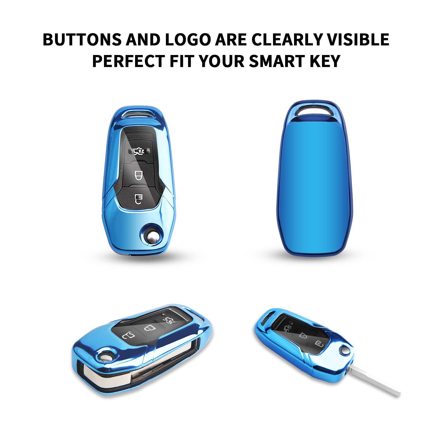 QBUC for Ford Key fob Cover,TPU Key Case Protector Compatible with 2015 2016 2017 2018 2019 Ford F150 F250,Focus 3 Escort Kuga Everest Fiesta Mustang Edge MKV Fusion 2016 Ranger flip Remote Key,Blue