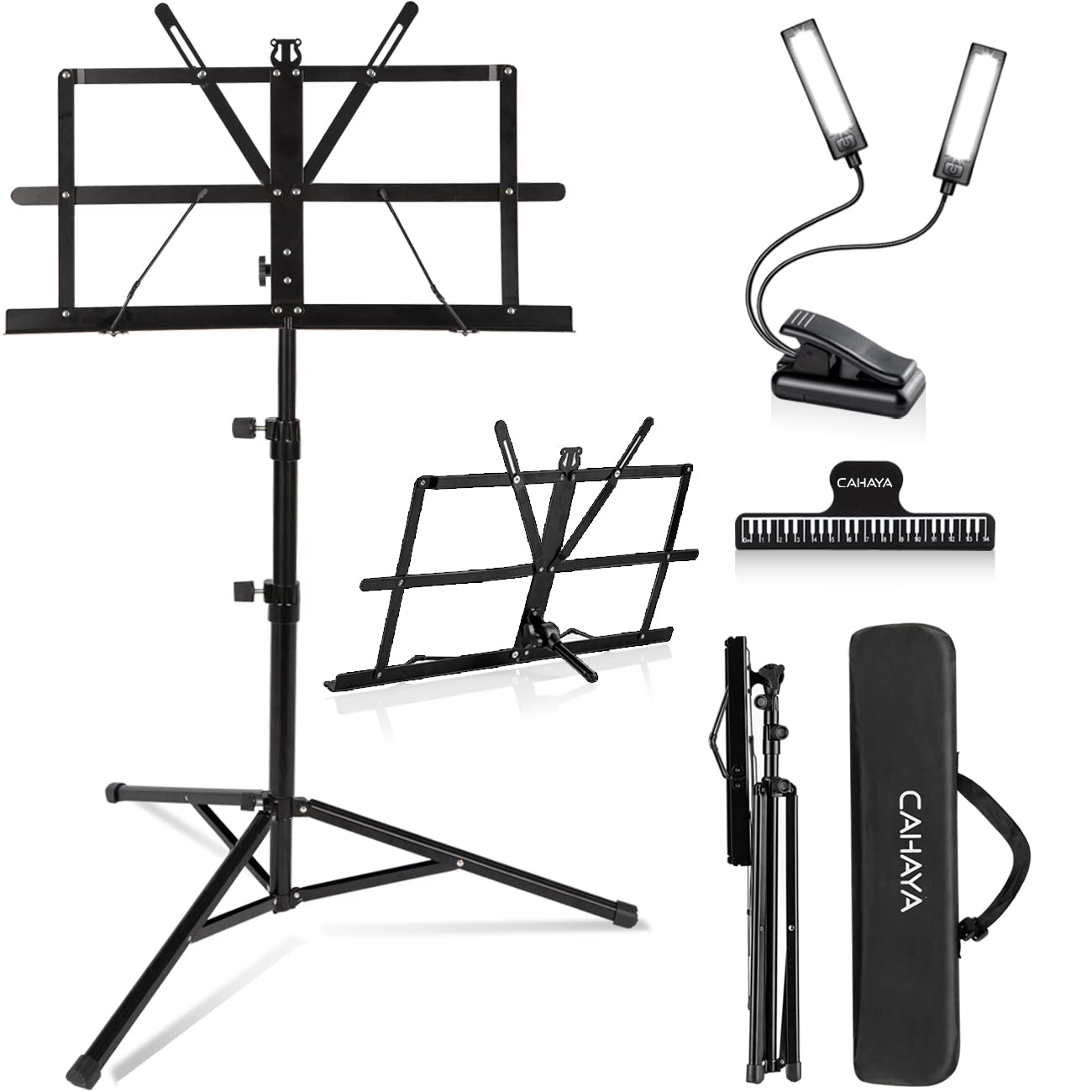 CAHAYA Dual-Use Reinforced Folding Sheet Music Stand with Stand Light & Desktop Book Stand Lightweight Portable Adjustable with Carrying Bag Including Music Sheet Clip Holder