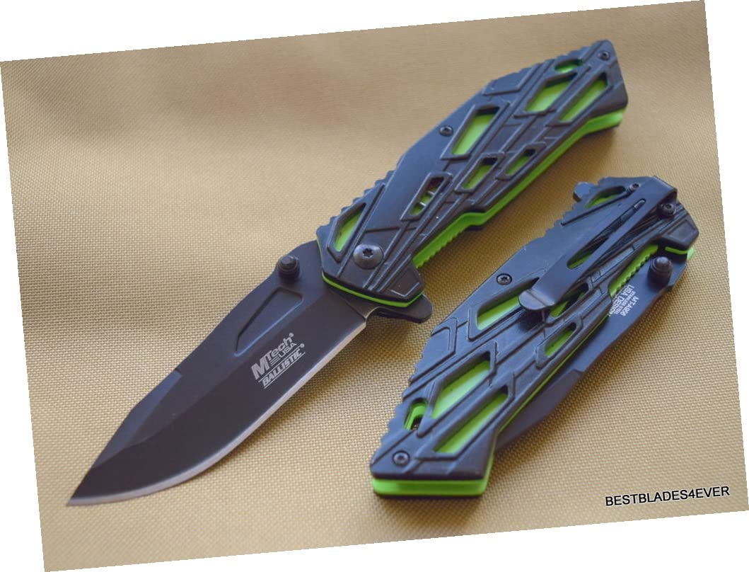 Mtech Stainless Steel Open Folding Pocket Knife Black/Green Two Tone Finish Handle W/ Clip Outdoor Survival Hunting Knife by Survival Steel