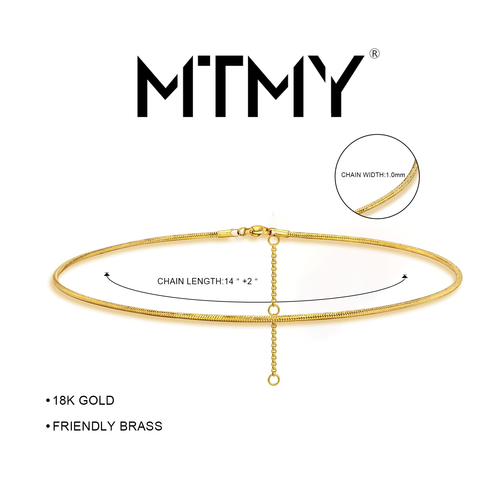 MTMY Gold Snake Chain Choker Necklace,18K Gold Plated Dainty Herringbone Necklace Delicate Fashion Choker Necklace Jewelry for Women(1mm)