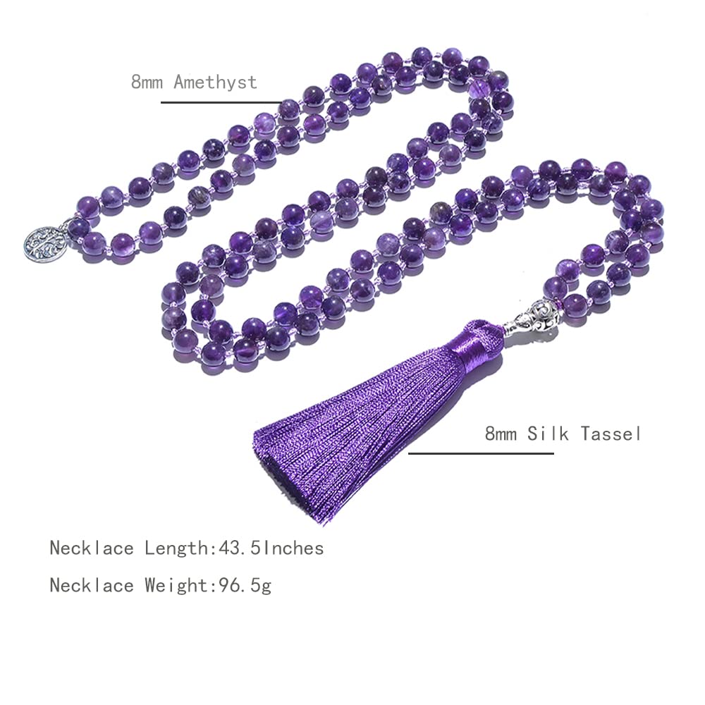 Hovaete 108 Mala Prayer Beads Necklace Natural Stones Meditation Yoga Jewery 108 Hand Knotted Japa Mala Beaded Long Tassel Necklace with Tree of Life Pendant for Men and Women (8mm Amethyst)