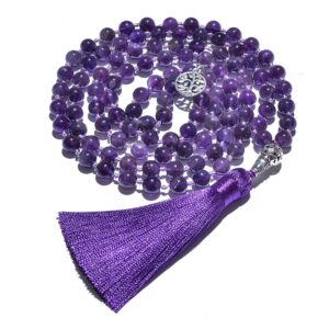 Hovaete 108 Mala Prayer Beads Necklace Natural Stones Meditation Yoga Jewery 108 Hand Knotted Japa Mala Beaded Long Tassel Necklace with Tree of Life Pendant for Men and Women (8mm Amethyst)