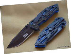 mtech stainless steel open folding pocket knife black/blue two tone finish handle w/ clip outdoor survival hunting knife by survival steel