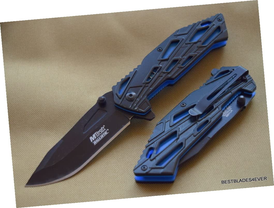 Mtech Stainless Steel Open Folding Pocket Knife Black/Blue Two Tone Finish Handle W/ Clip Outdoor Survival Hunting Knife by Survival Steel