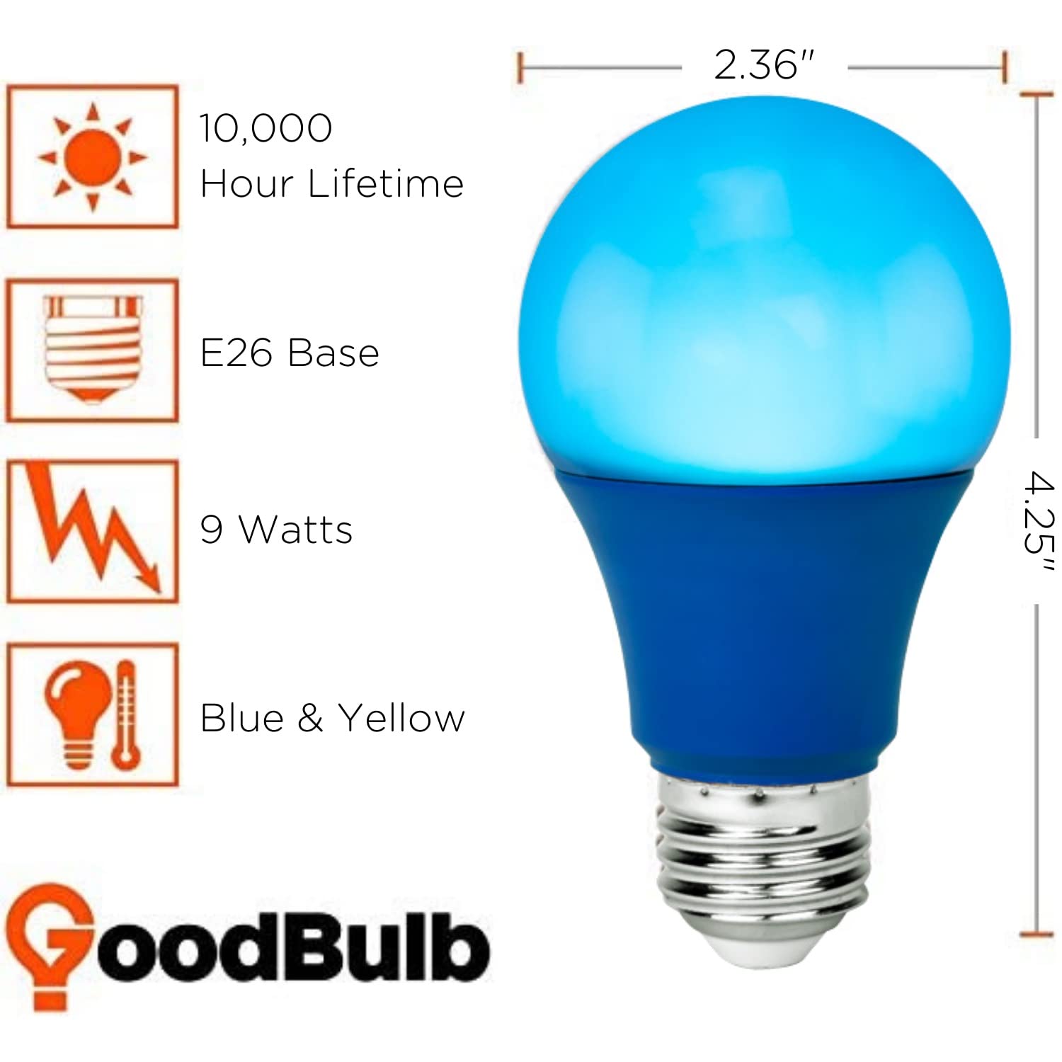 GoodBulb 9-Watt Blue and Yellow LED Light Bulbs | 60-Watt Equivalent | A19 Shape E26 Base | Stand with Ukraine | Perfect for Exterior fixtures | Non-dimming (2 Bulbs)