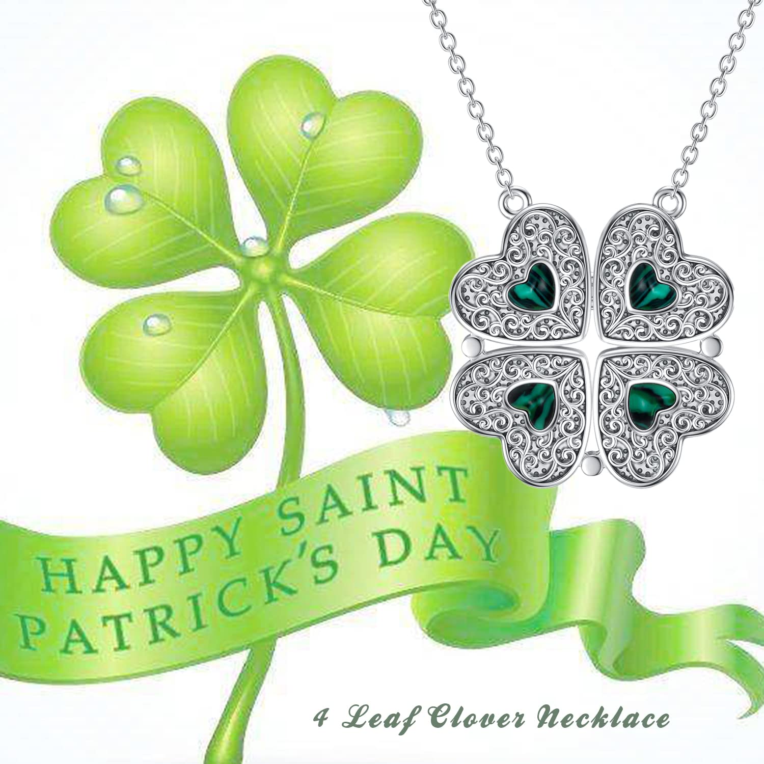 SLIACETE Magnetic 4 Leaf Clover Necklace with Simulated Malachite 925 Sterling Silver Shamrock Necklaces Good Luck Jewelry Birthday Gift for Women St Patricks Day