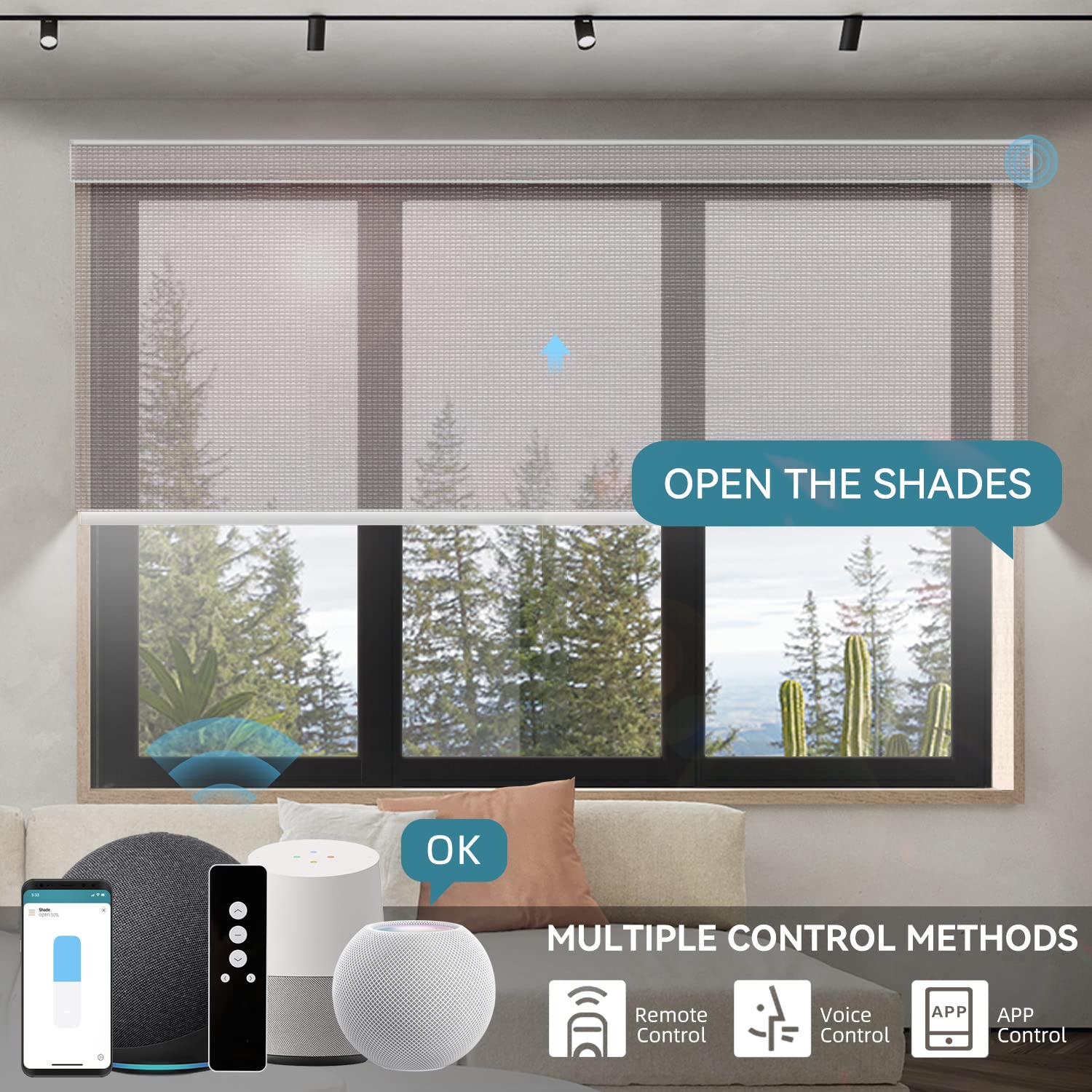 WEFFORT Motorized Shades 50% Blackout Smart Blinds Work with HomeKit Alexa Google Home Electric Blinds with Remote Control for Windows Shade for Smart Home, PVC FREE SUNSCREEN Stone