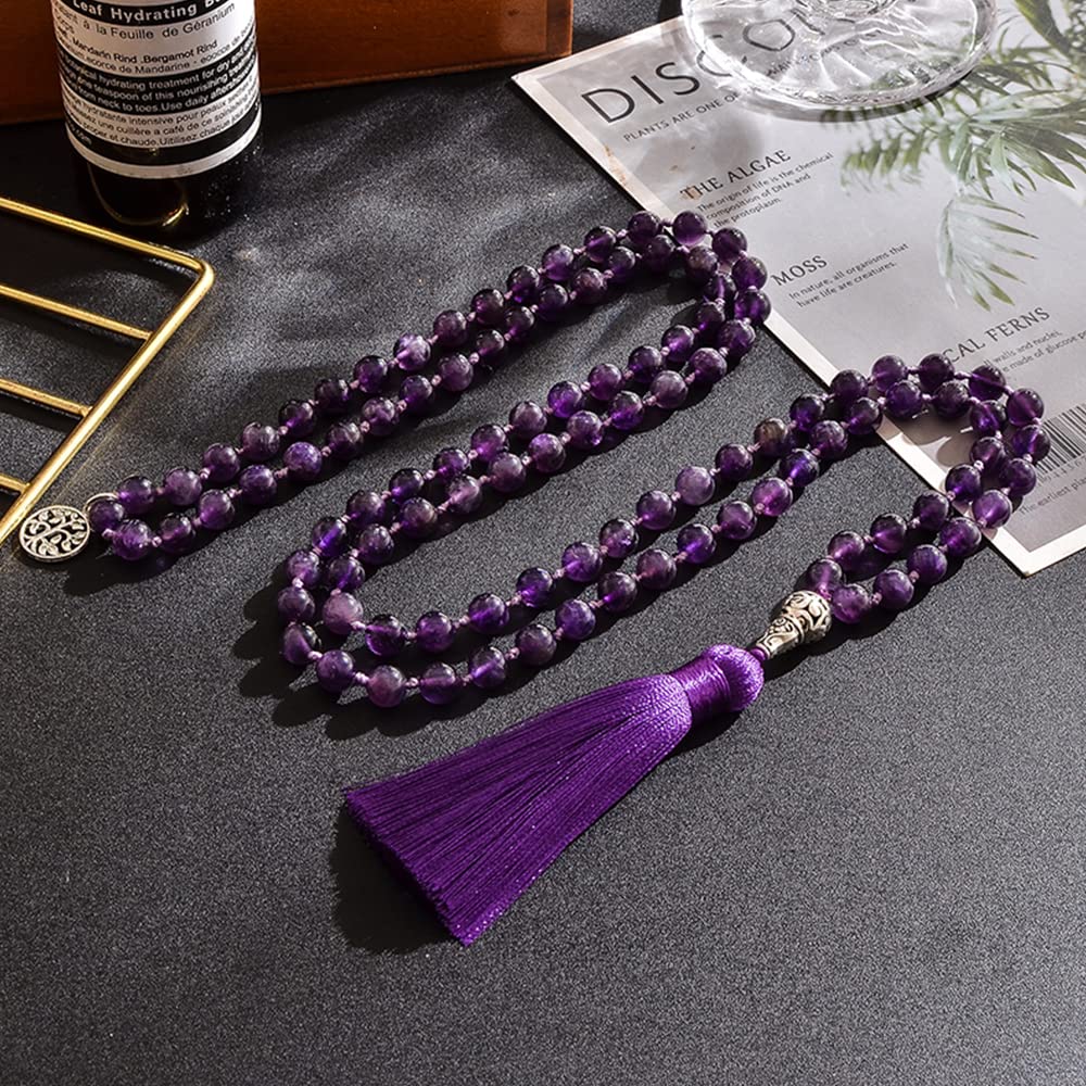 Hovaete 108 Mala Prayer Beads Necklace Natural Stones Meditation Yoga Jewery 108 Hand Knotted Japa Mala Beaded Long Tassel Necklace with Tree of Life Pendant for Men and Women (8mm Amethyst)