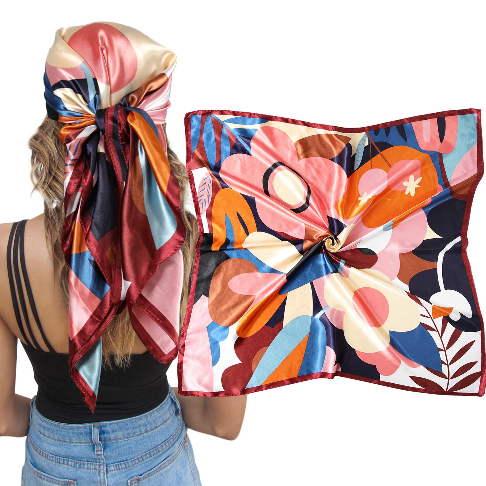 AWAYTR 35” Large Square Satin Head Scarf - Silk Hair Scarf Square Hair Bandanas Large Scarf Sleeping Head Wraps Neck Scarf for Women Hair Wrap (Flower)