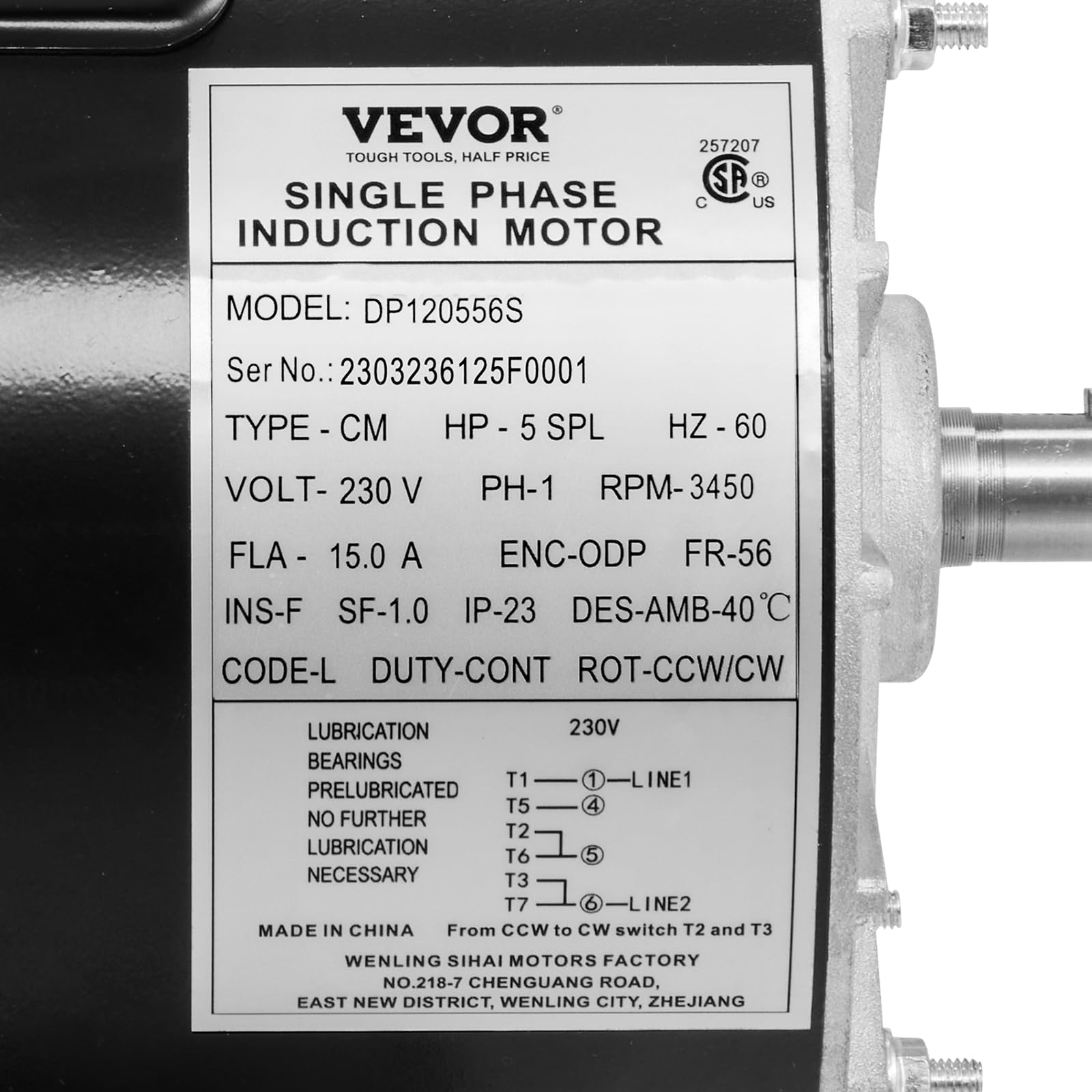 VEVOR 5HP SPL Air Compressor Electric Motor, 230V 15.0A, 56 Frame 3450RPM, 1.88" Shaft Length, 5/8" Keyed Shaft, Dual CW/CCW Rotation for Air Compressors