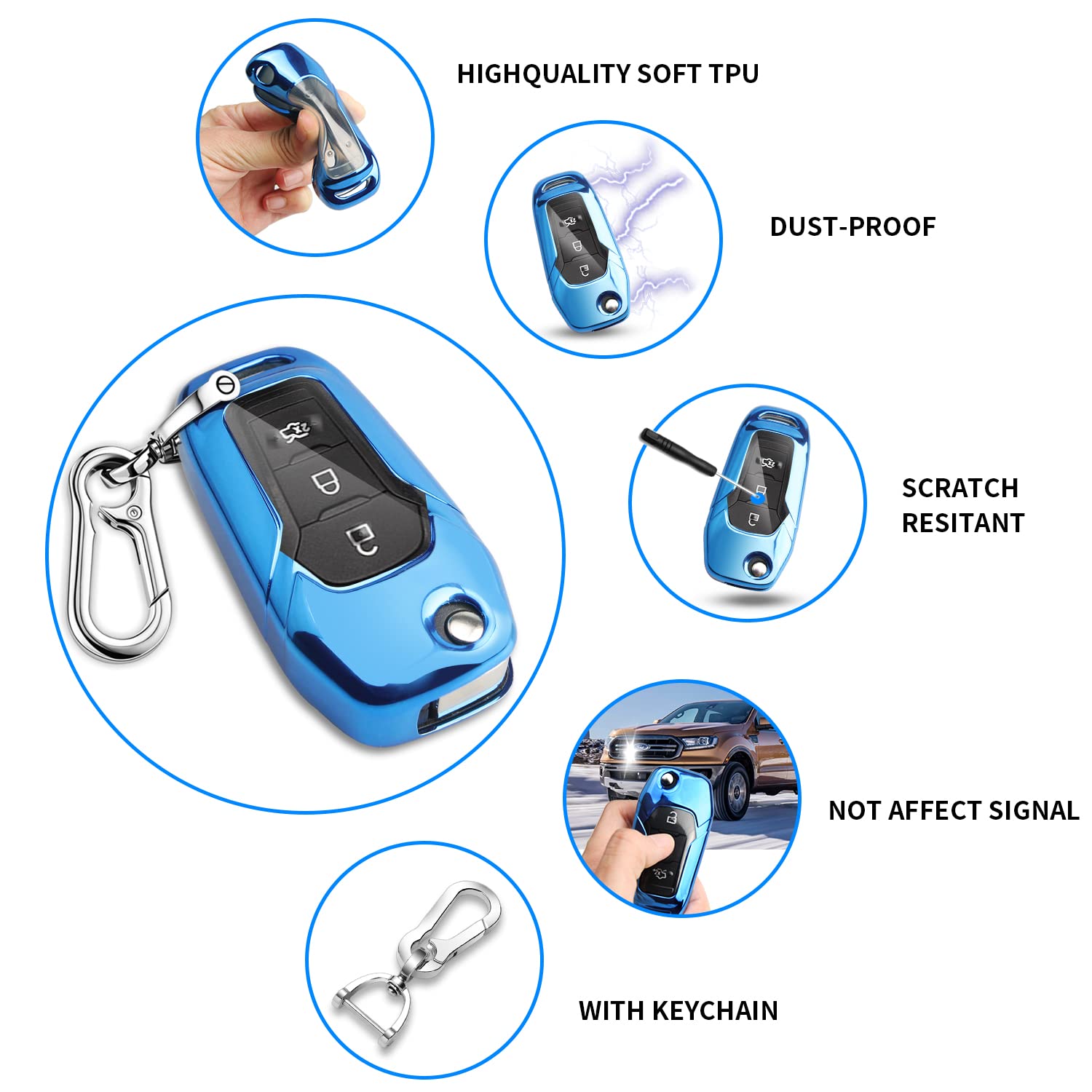 QBUC for Ford Key fob Cover,TPU Key Case Protector Compatible with 2015 2016 2017 2018 2019 Ford F150 F250,Focus 3 Escort Kuga Everest Fiesta Mustang Edge MKV Fusion 2016 Ranger flip Remote Key,Blue