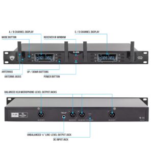 Nady Systems D-450-HT Quad Receiver 200-Channel Digital Wireless Handheld Microphone System | All-Metal Microphones & Receiver | 48kHz/24bit | 300'+ Range | 4 Individual XLR & 1 Sum ¼ Outputs