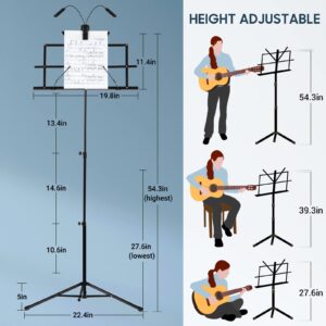 CAHAYA Dual-Use Reinforced Folding Sheet Music Stand with Stand Light & Desktop Book Stand Lightweight Portable Adjustable with Carrying Bag Including Music Sheet Clip Holder