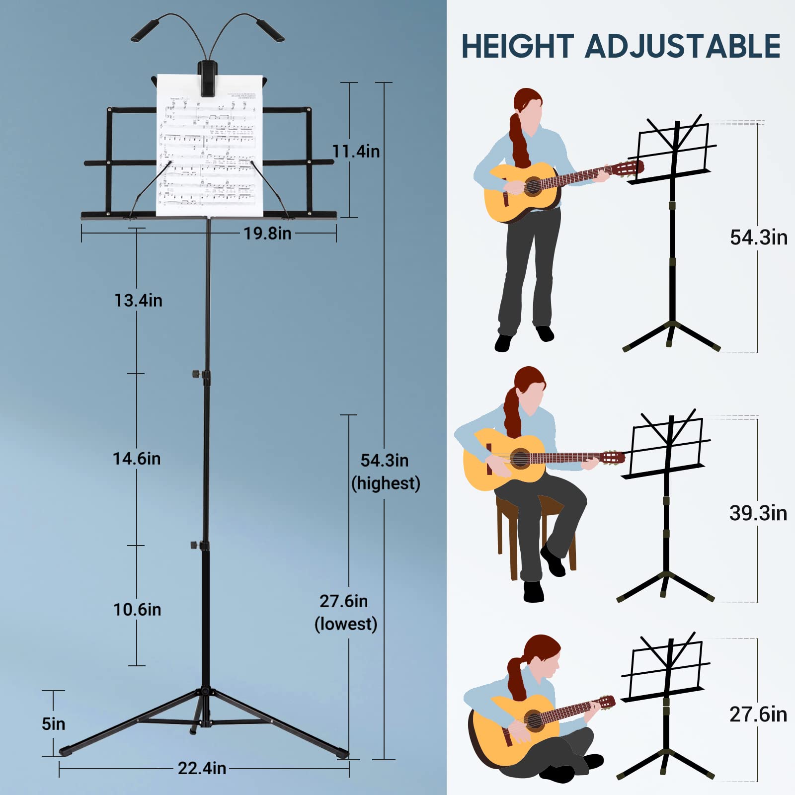 CAHAYA Dual-Use Reinforced Folding Sheet Music Stand with Stand Light & Desktop Book Stand Lightweight Portable Adjustable with Carrying Bag Including Music Sheet Clip Holder