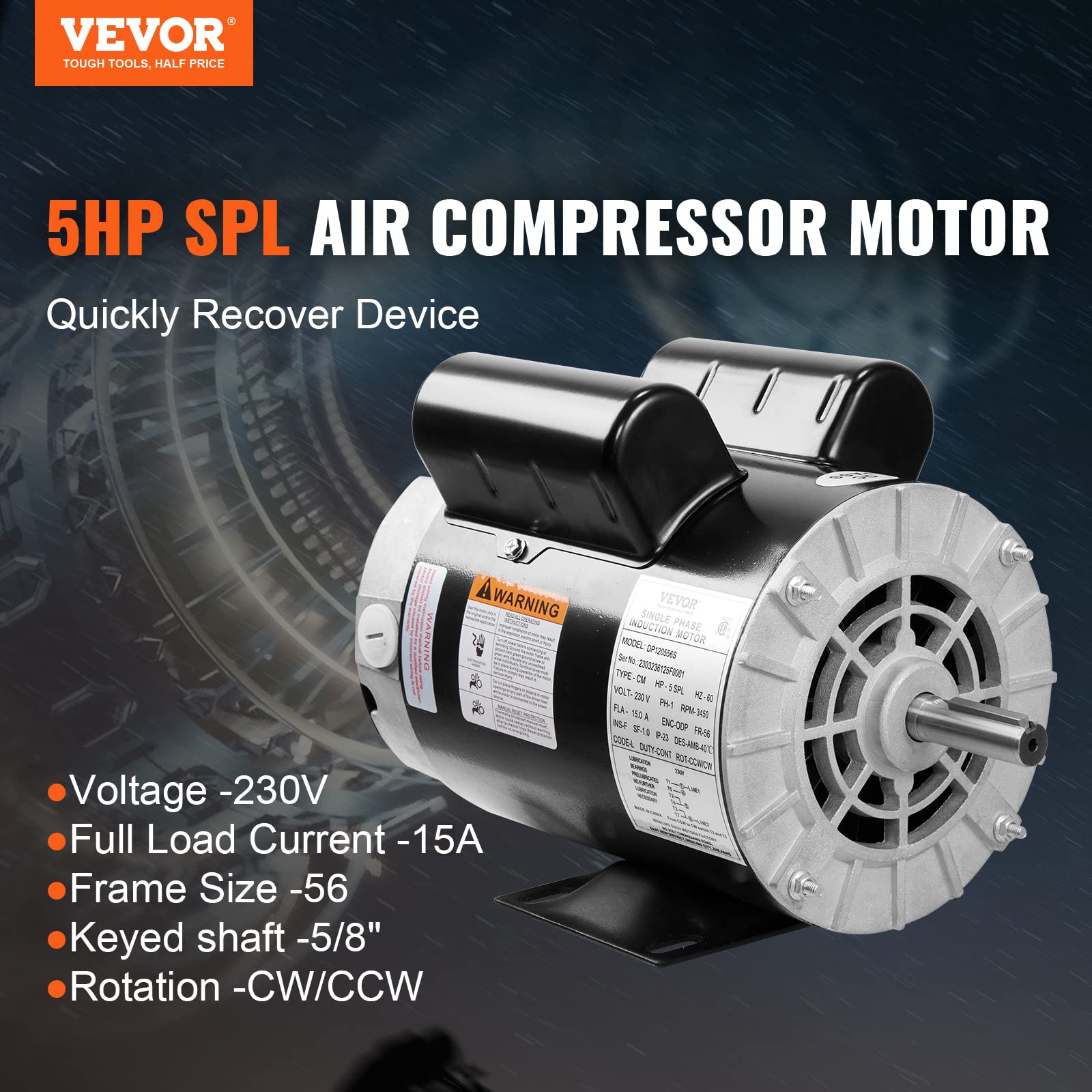 VEVOR 5HP SPL Air Compressor Electric Motor, 230V 15.0A, 56 Frame 3450RPM, 1.88" Shaft Length, 5/8" Keyed Shaft, Dual CW/CCW Rotation for Air Compressors