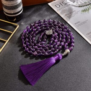 Hovaete 108 Mala Prayer Beads Necklace Natural Stones Meditation Yoga Jewery 108 Hand Knotted Japa Mala Beaded Long Tassel Necklace with Tree of Life Pendant for Men and Women (8mm Amethyst)