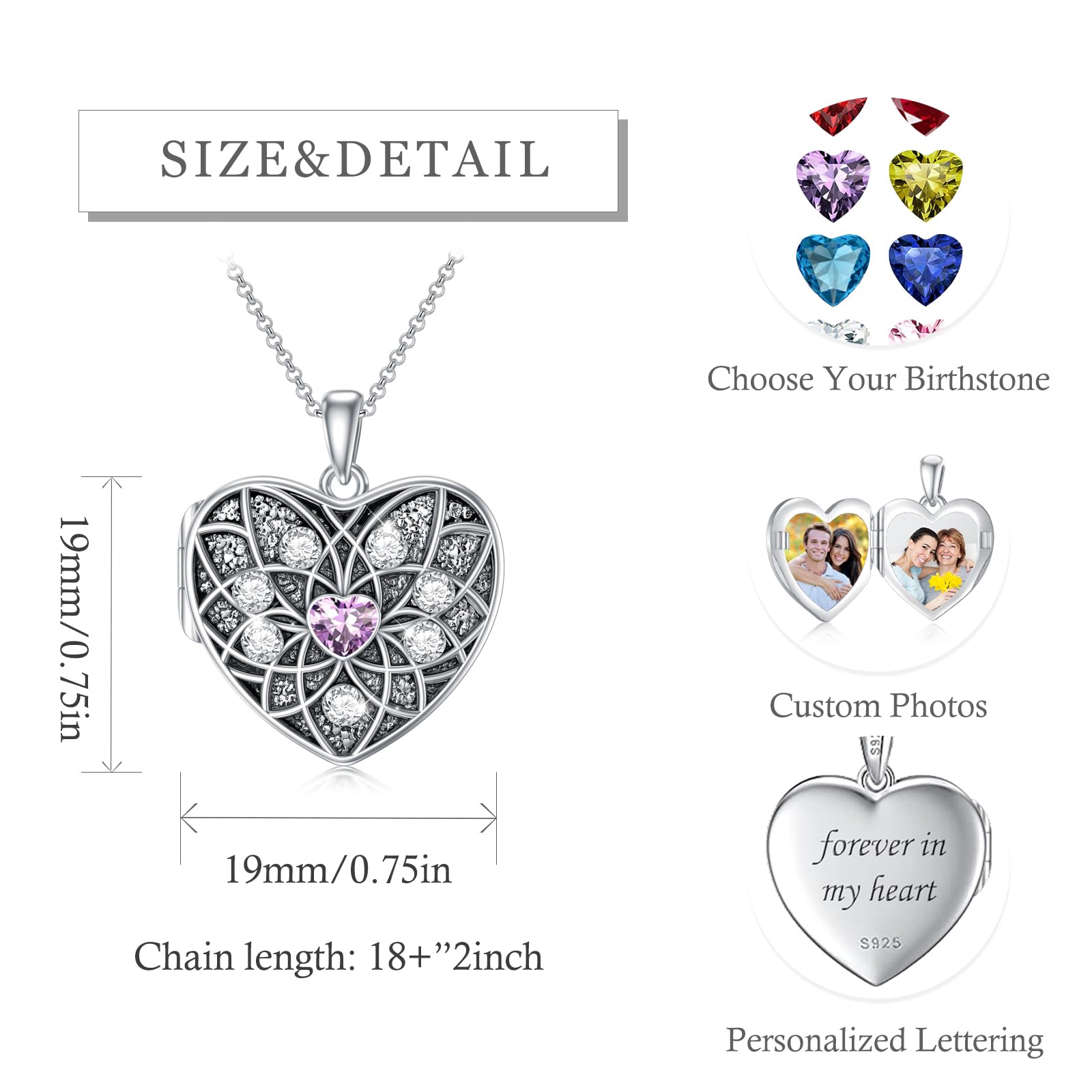 Shusukue Lotus Locket Necklace That Holds Pictures Personalized Birthstone Heart Locket Necklace Boho Flower Pendant Necklace 925 Sterling Silver Mother’s Day Jewelry Gift for Women