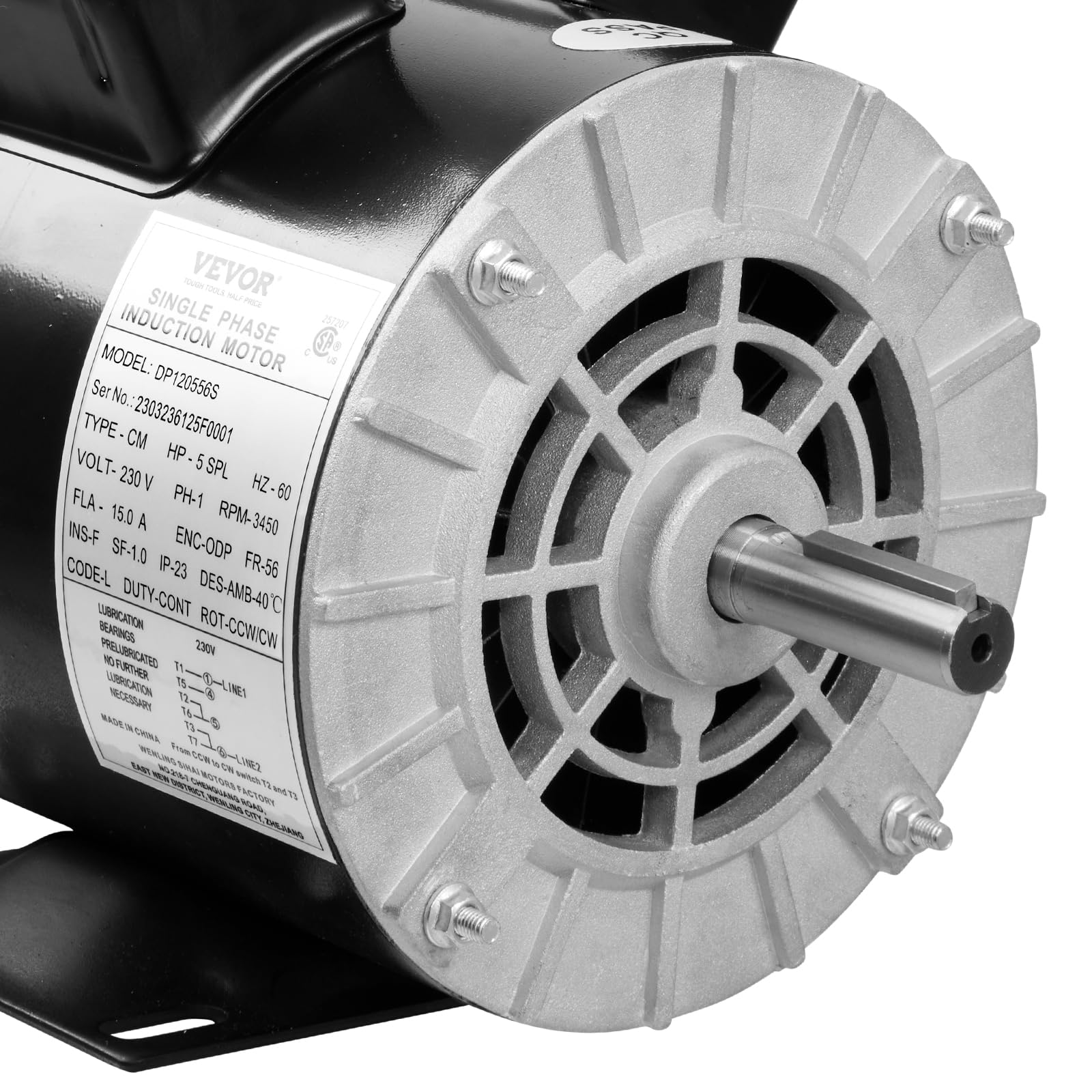 VEVOR 5HP SPL Air Compressor Electric Motor, 230V 15.0A, 56 Frame 3450RPM, 1.88" Shaft Length, 5/8" Keyed Shaft, Dual CW/CCW Rotation for Air Compressors