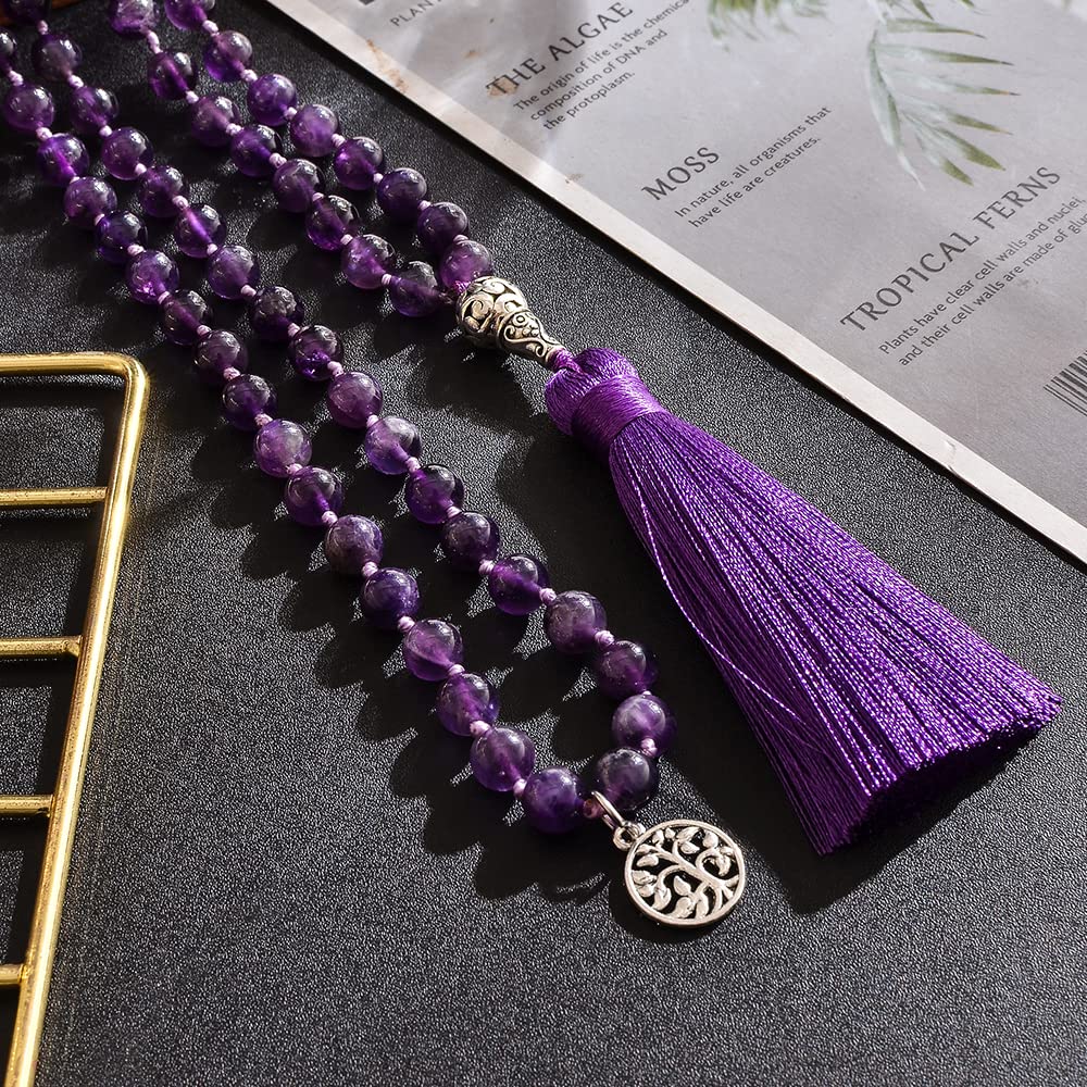 Hovaete 108 Mala Prayer Beads Necklace Natural Stones Meditation Yoga Jewery 108 Hand Knotted Japa Mala Beaded Long Tassel Necklace with Tree of Life Pendant for Men and Women (8mm Amethyst)