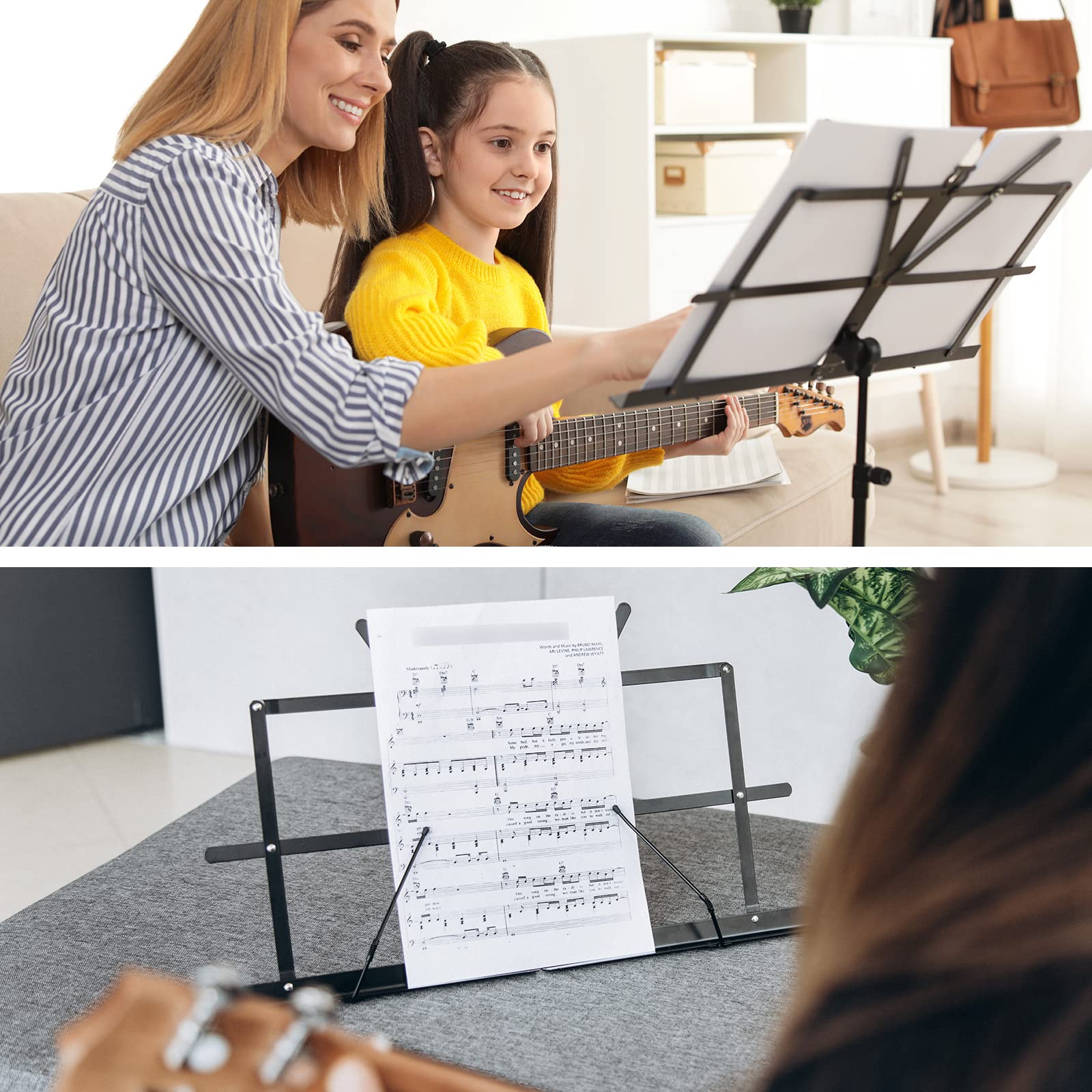 CAHAYA Dual-Use Reinforced Folding Sheet Music Stand with Stand Light & Desktop Book Stand Lightweight Portable Adjustable with Carrying Bag Including Music Sheet Clip Holder