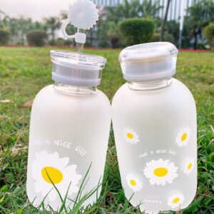 JZSMY 480ml Milk Juice Cute Water Bottle with Scale 2 Lids Little daisy Matte Portable Transparent Water Cup Glass Bottles Creative Handy Cup with Straw and Straw Plug (Matte 6 Flowers)