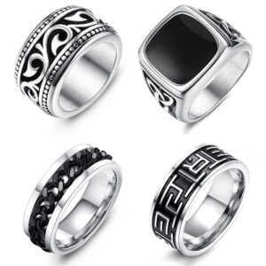 Jstyle 4Pcs Stainless Steel Signet Biker Rings Set Cuban Chain Spinner Ring Vintage Celtic Knot Band Rings Beveled Polished Edge Comfort Fit 9