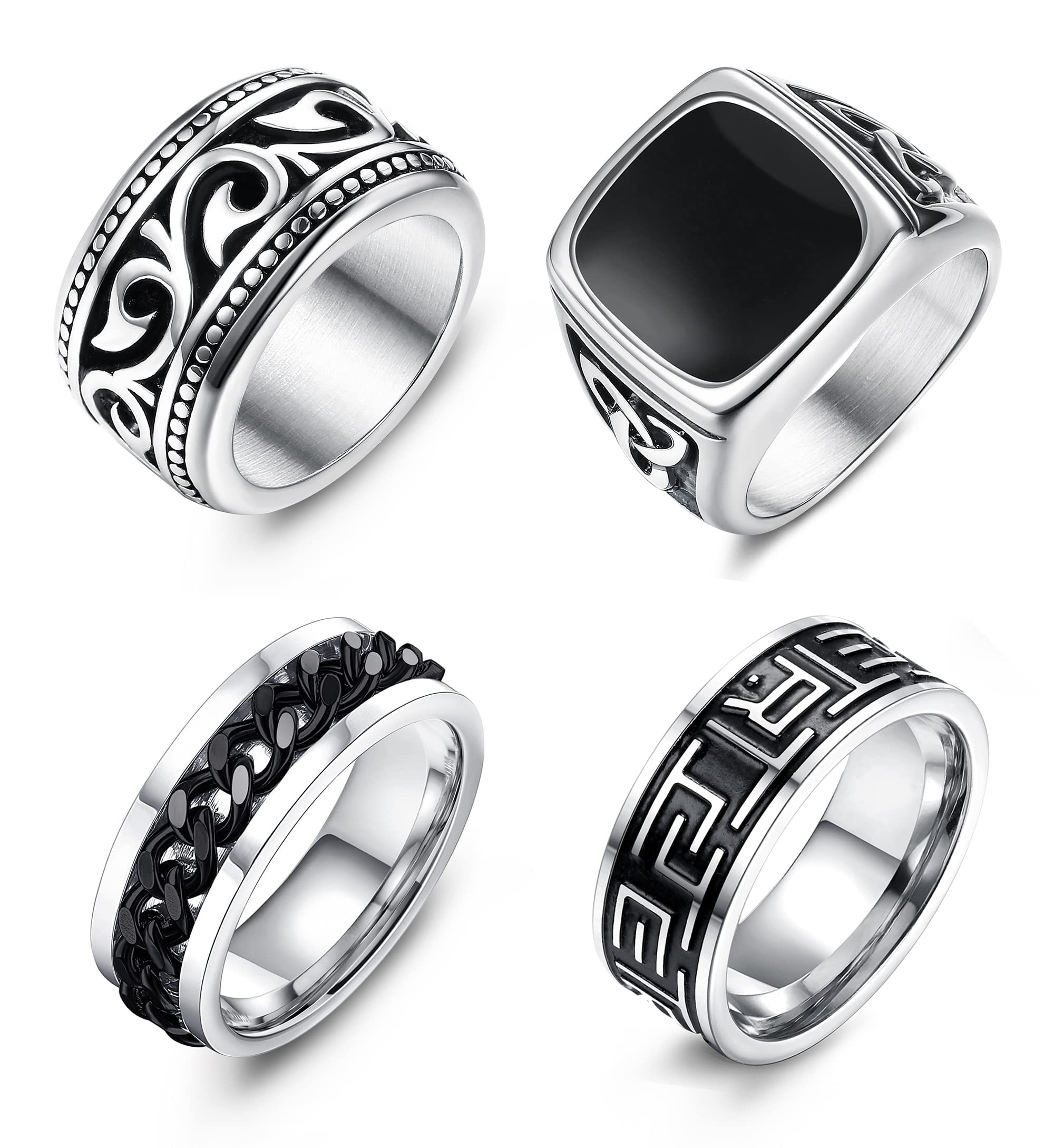 Jstyle 4Pcs Stainless Steel Signet Biker Rings Set Cuban Chain Spinner Ring Vintage Celtic Knot Band Rings Beveled Polished Edge Comfort Fit 9