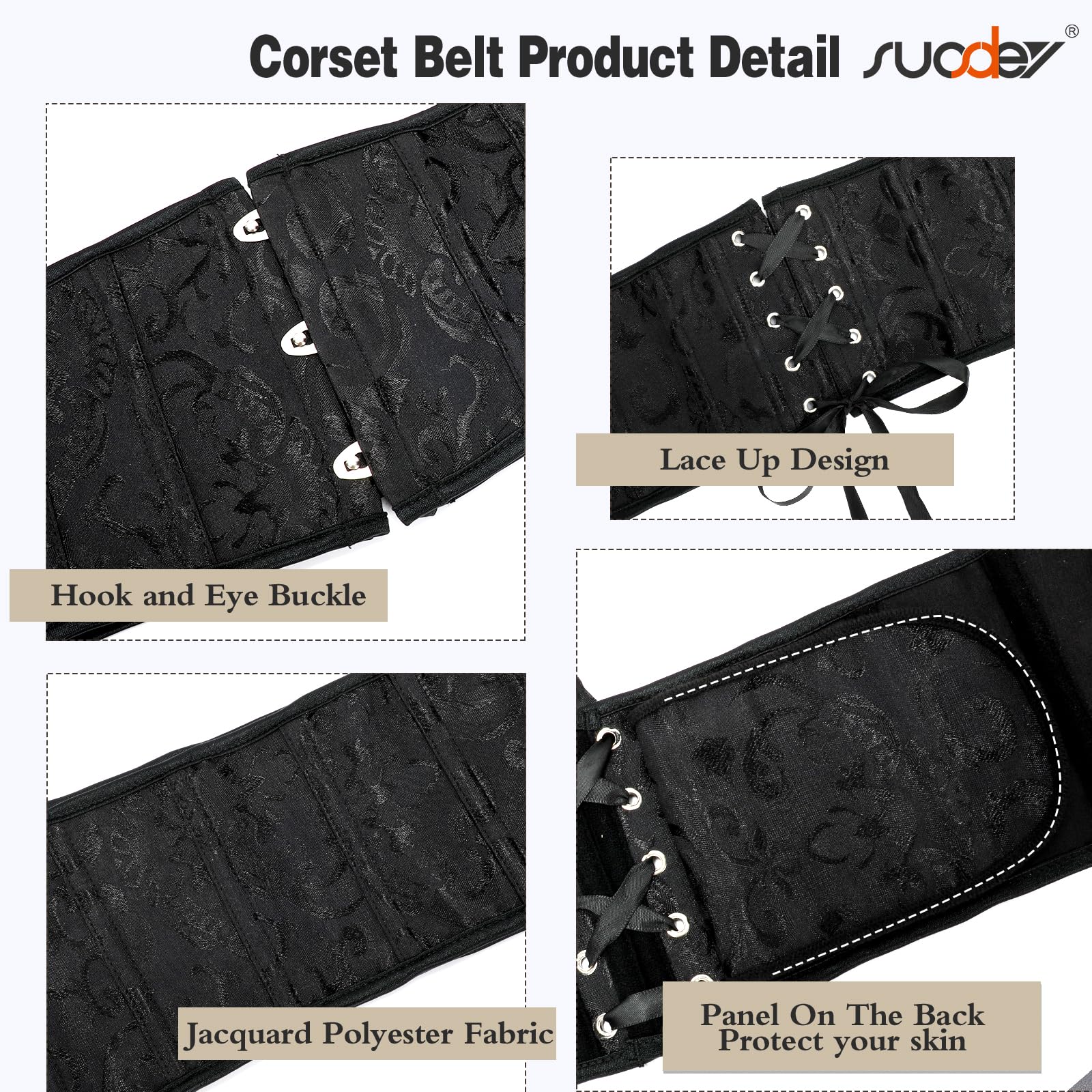 SUOSDEY Jacquard Corset Belt for Women Underbust Boned Lace Up Bustier Waspie Belt Renaissance Steampunk Pirate Corset