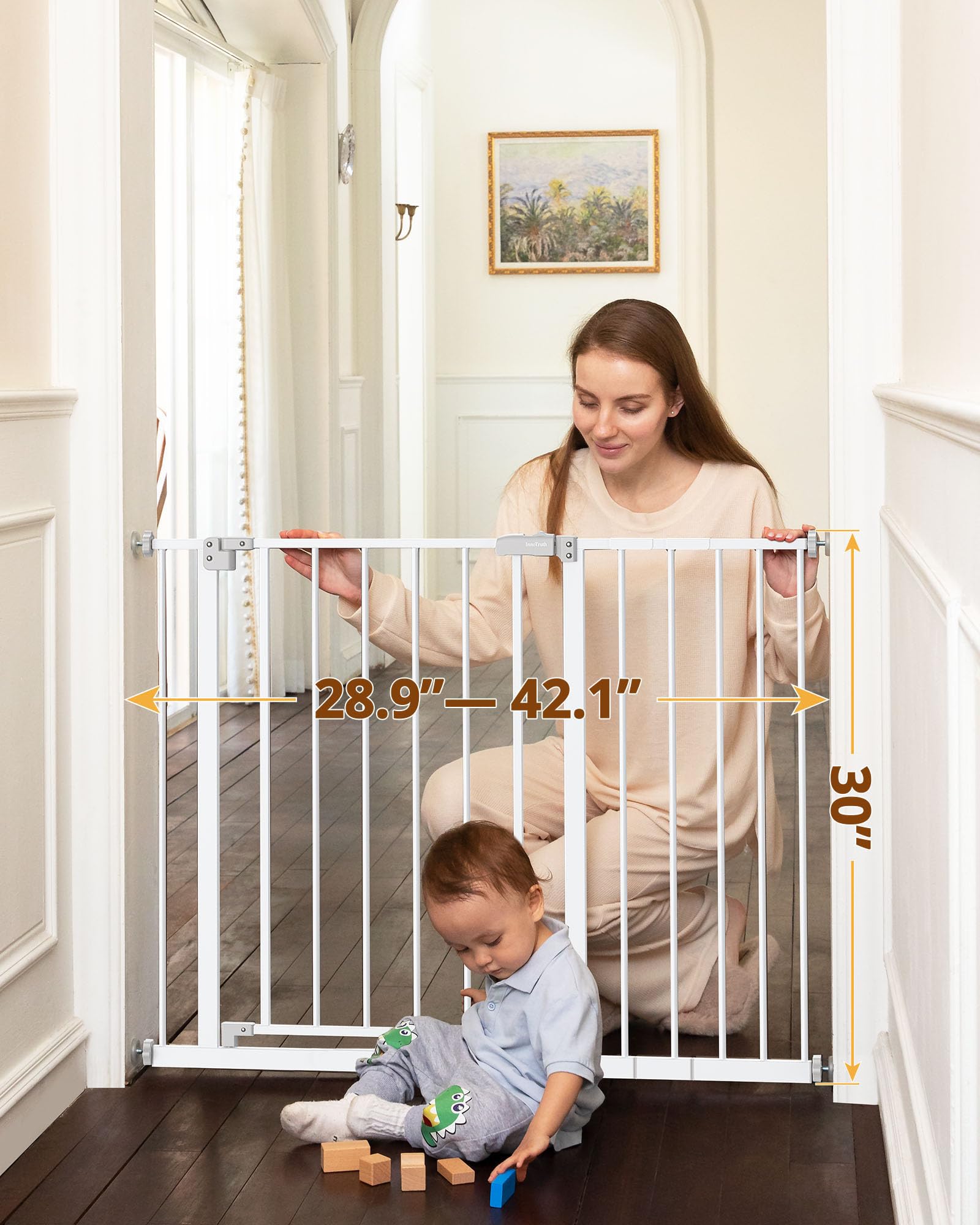 InnoTruth Extra Tall Baby Gate for Stairs and Doorways, 29" to 39.6" Width with 36" Height,Dog Gate for The House with Wall Pressure Mounted Frame, Auto Close Pet Gates for Toddler,Milk White