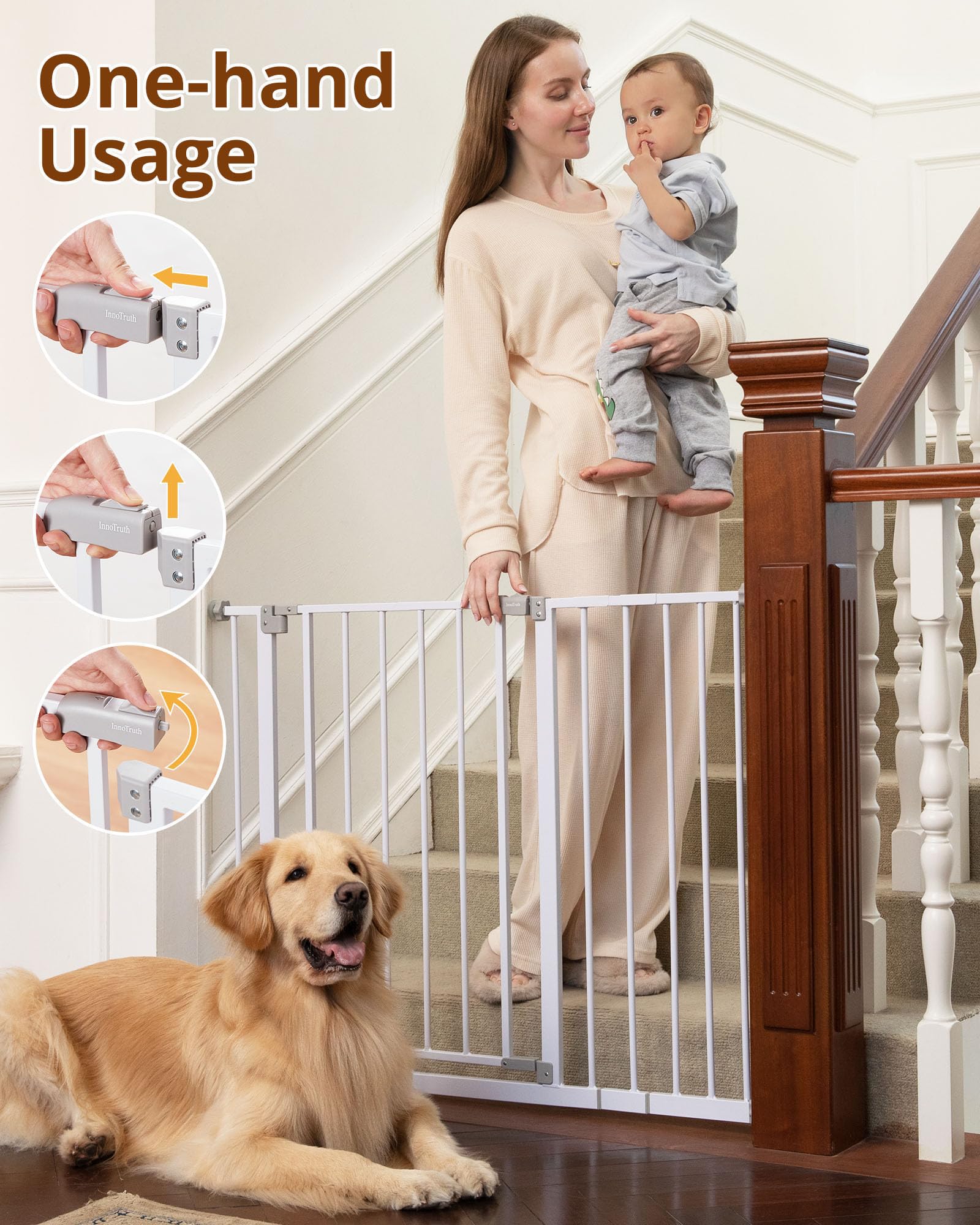 InnoTruth Extra Tall Baby Gate for Stairs and Doorways, 29" to 39.6" Width with 36" Height,Dog Gate for The House with Wall Pressure Mounted Frame, Auto Close Pet Gates for Toddler,Milk White