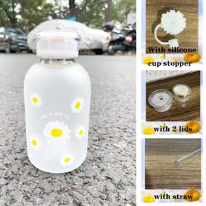 JZSMY 480ml Milk Juice Cute Water Bottle with Scale 2 Lids Little daisy Matte Portable Transparent Water Cup Glass Bottles Creative Handy Cup with Straw and Straw Plug (Matte 6 Flowers)