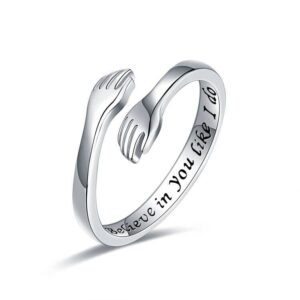 Hug Ring Sterling Silver Adjustable,White Gold Plated Couple Believe In You Like I Do Hug Ring Hugging Rings for Women Men, Friendship Love Rings Wrap Around Hand Ring Jewelry for Teen Girls Sizes 6-9