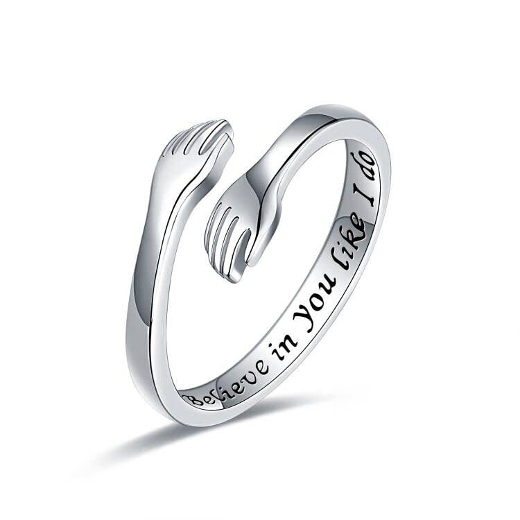 Hug Ring Sterling Silver Adjustable,White Gold Plated Couple Believe In You Like I Do Hug Ring Hugging Rings for Women Men, Friendship Love Rings Wrap Around Hand Ring Jewelry for Teen Girls Sizes 6-9