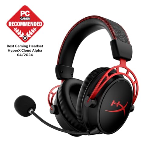 HyperX Cloud Alpha Wireless - Gaming Headset for PC, 300-hour battery life, DTS Headphone:X Spatial Audio, Memory foam, Dual Chamber Drivers, Noise-canceling mic, Durable aluminum frame,Red