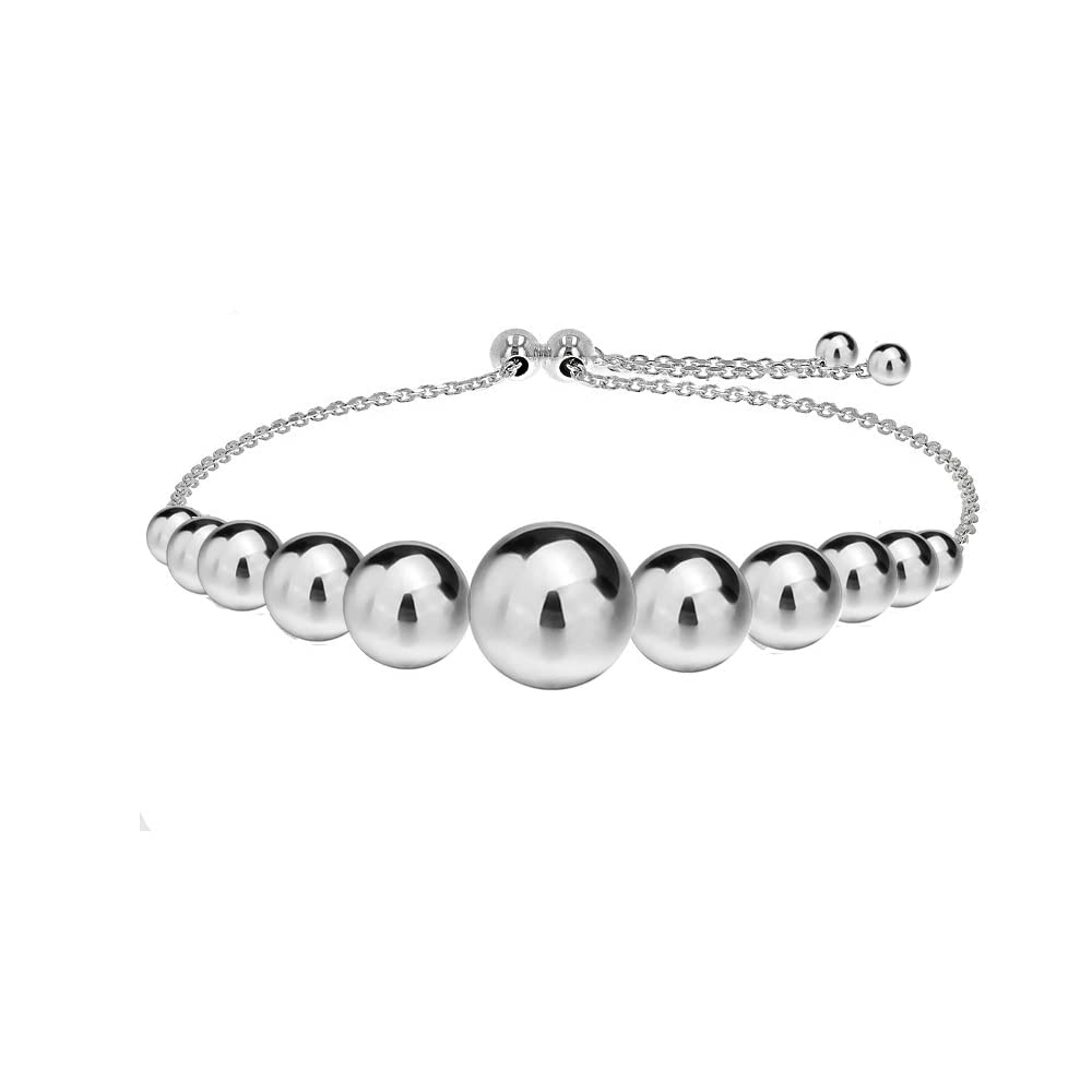 Savlano 925 Sterling Silver 14K Gold Plated Italian Solid Adjustable Bolo Graduated Bead Ball Slider Bracelet Comes With Gift Box for Women - Made in Italy (White)