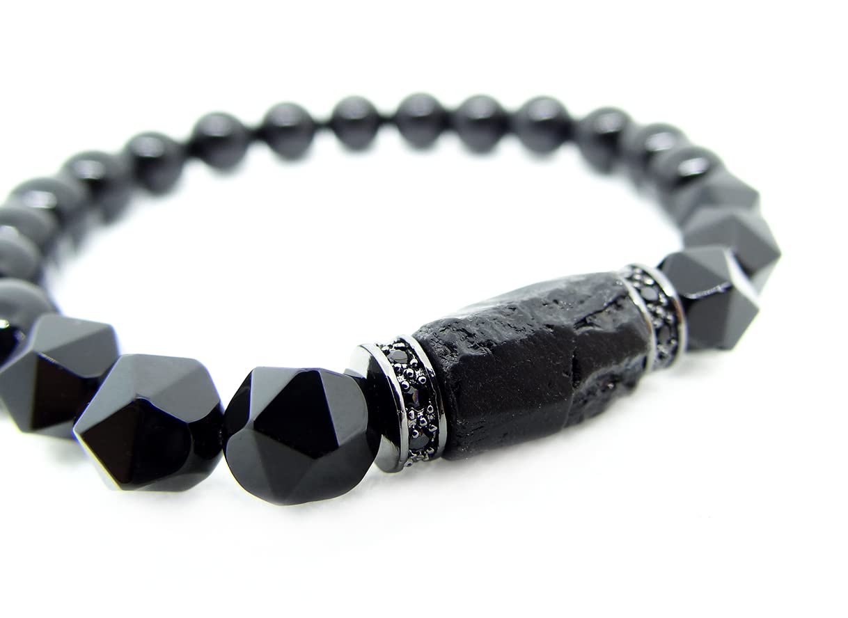 Handmade Natural Stone Black Tourmaline & Black Onyx Beaded Bracelet Men's and Women's