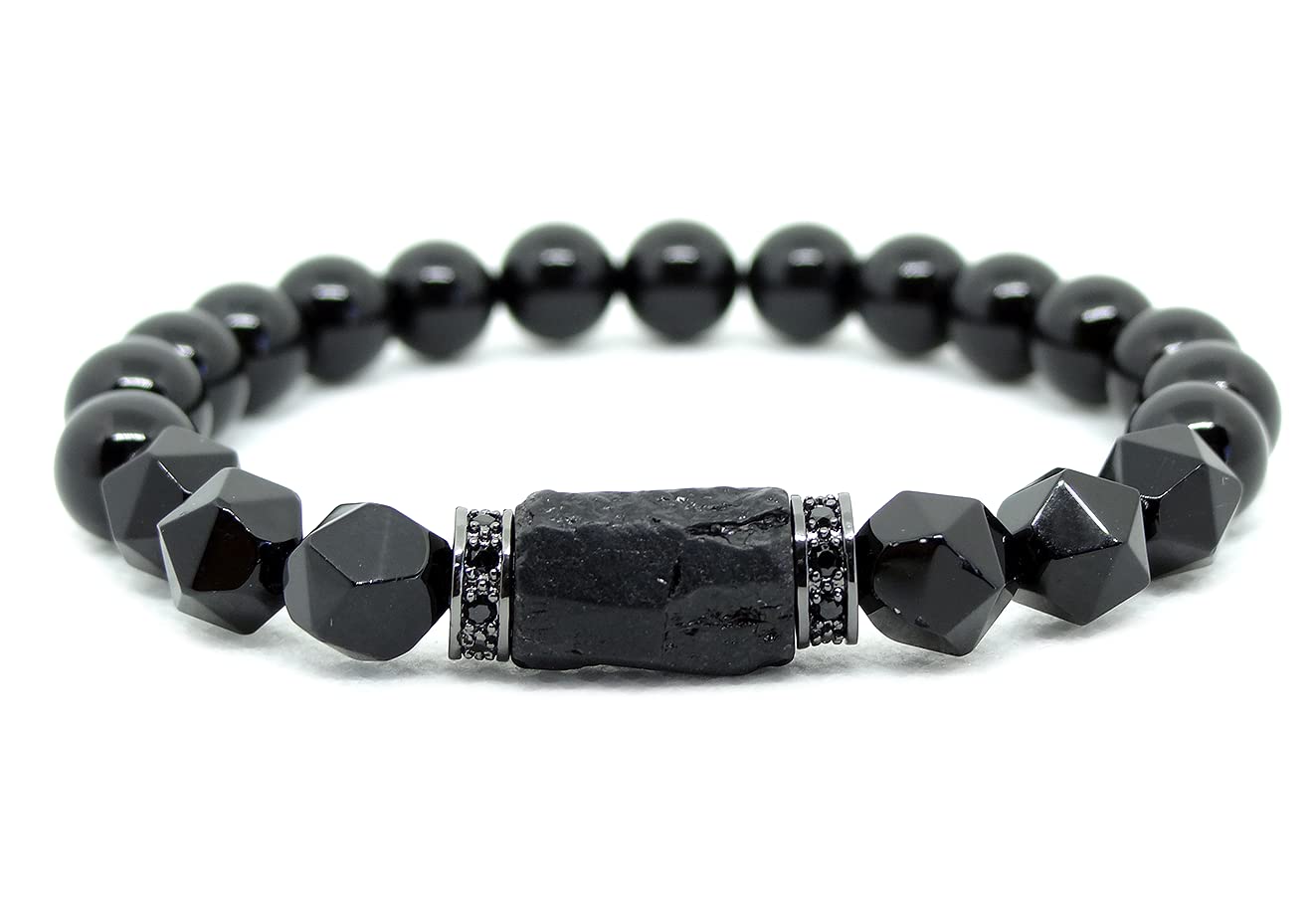 Handmade Natural Stone Black Tourmaline & Black Onyx Beaded Bracelet Men's and Women's