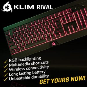 KLIM Rival Wireless Gaming Keyboard RGB US Layout - New 2023 - Slim Durable Ergonomic Quiet Silent Soft Sound Keys 25 Anti-Ghosting - RGB Backlit Wireless Keyboard Gaming for Laptop PC/Mac