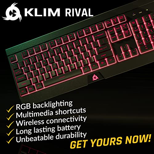 KLIM Rival Wireless Gaming Keyboard RGB US Layout - New 2023 - Slim Durable Ergonomic Quiet Silent Soft Sound Keys 25 Anti-Ghosting - RGB Backlit Wireless Keyboard Gaming for Laptop PC/Mac