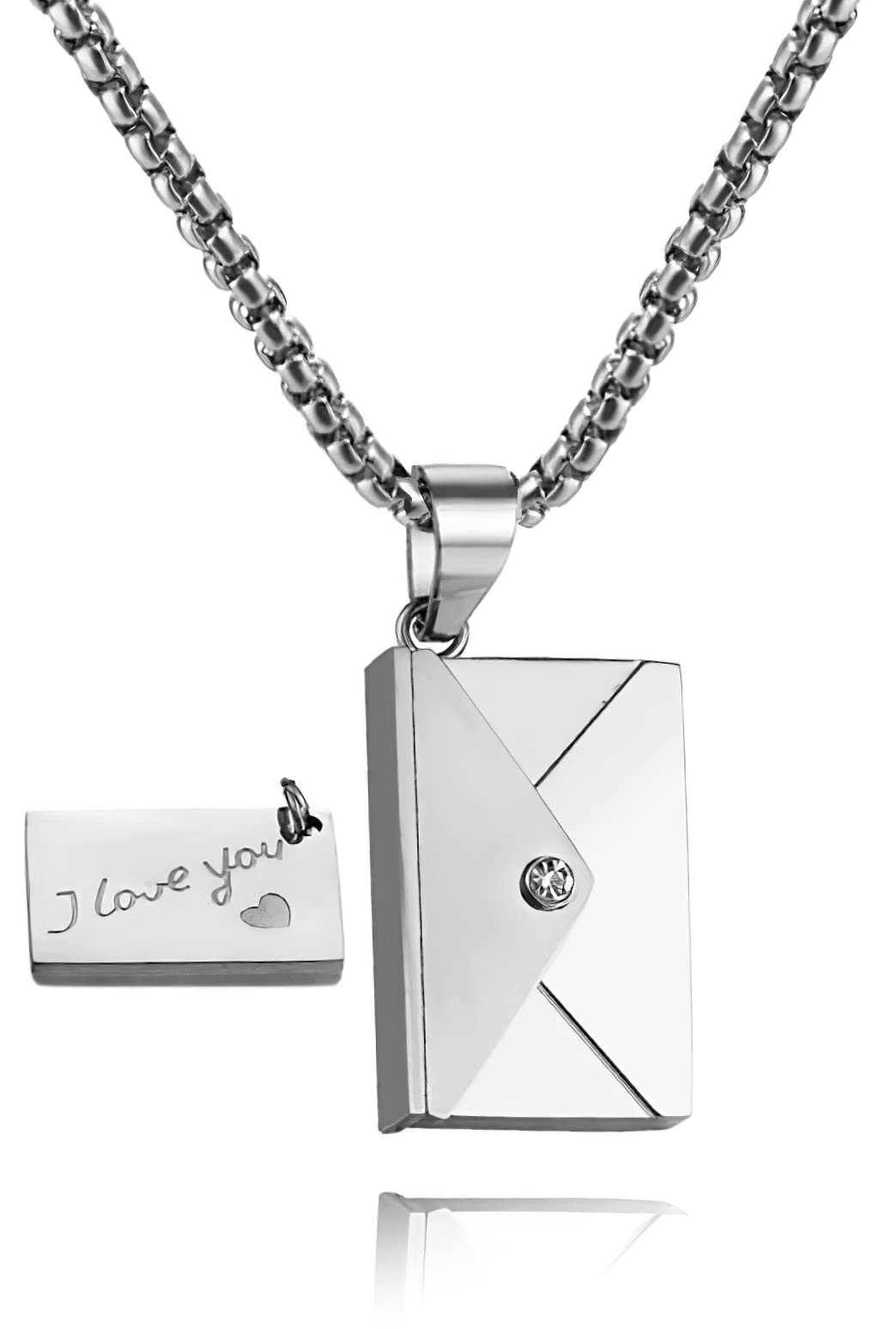 SHINYY Envelope Love Letter Necklace for Women and Men Stainless Steel Engraved Locket with I Love You Secret Message Jewelry Pendant Gift for Couples and Family (Silver)