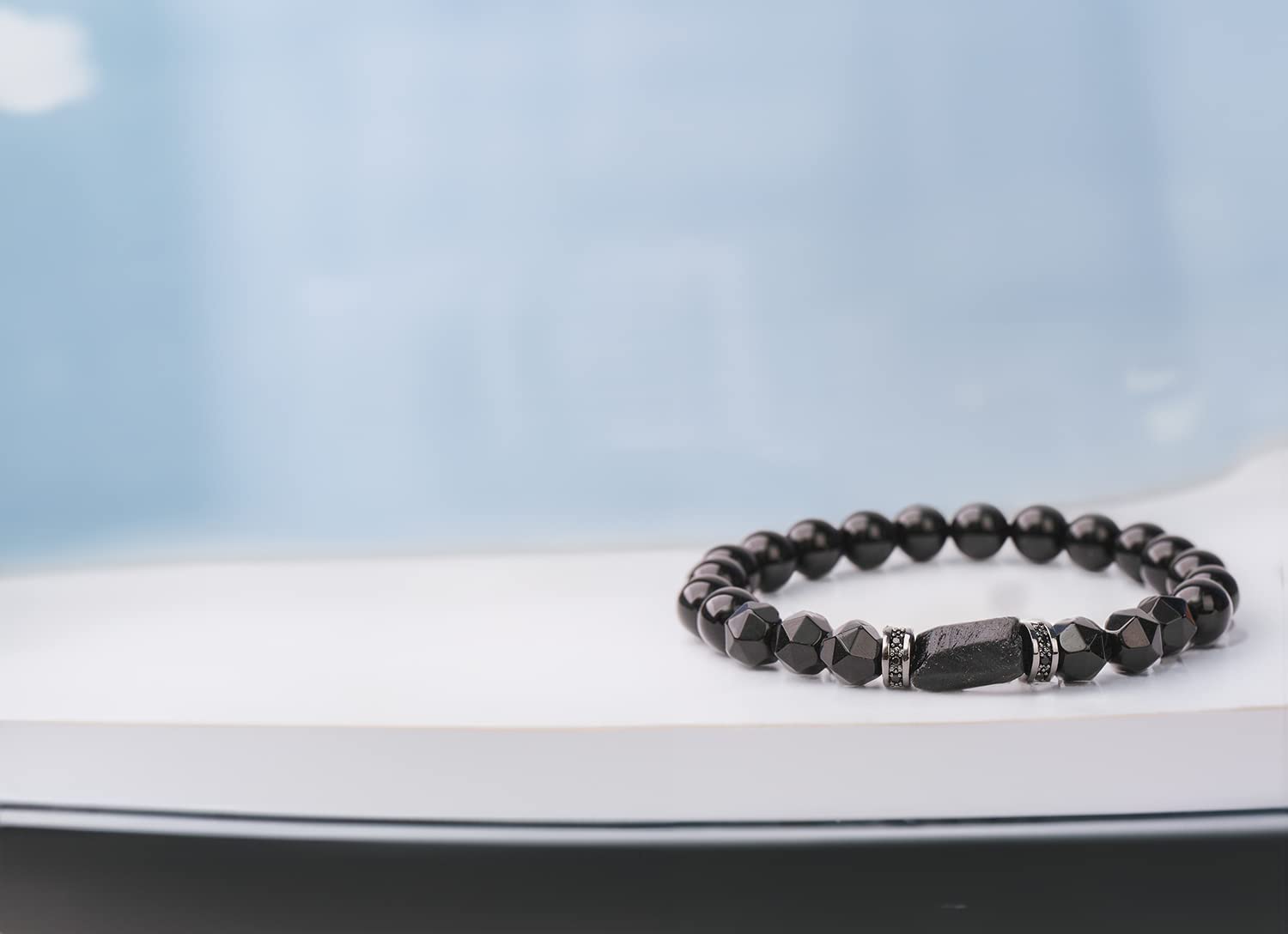 Handmade Natural Stone Black Tourmaline & Black Onyx Beaded Bracelet Men's and Women's