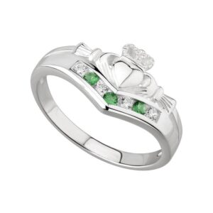 Biddy Murphy, Irish Claddagh Ring for Women Green Gem & Cubic Zirconia Wishbone Band Made in Ireland Size 8