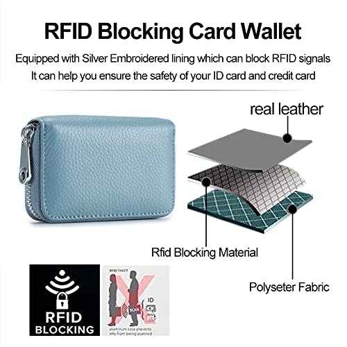 EASTNIGHTS RFID Credit Card Holder Genuine Leather Credit Card Wallet with Zipper (sky blue)