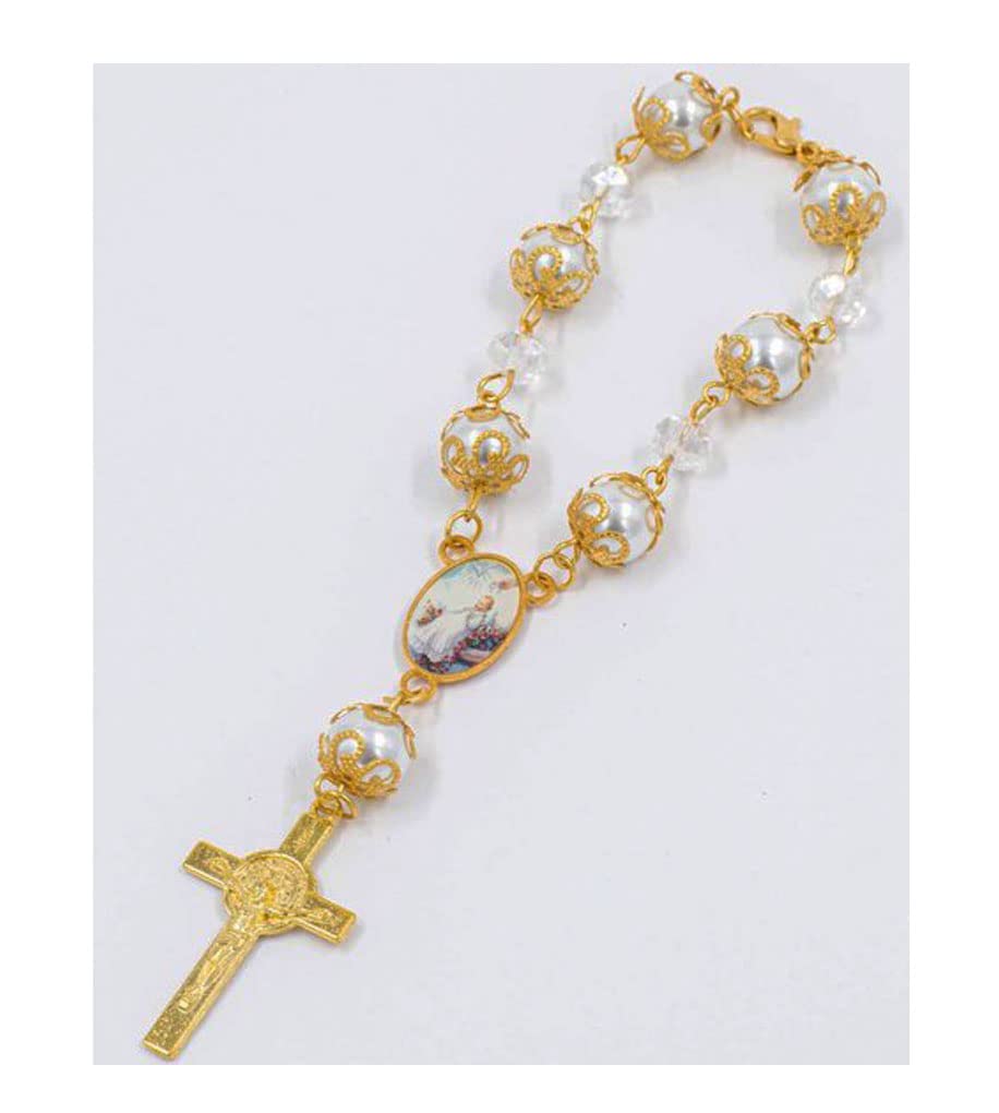 RBN 12 PCS Rosary Beads Beaded White Pearl Gold Catholic Christian Crucifix Cross Pearl Bracelet Baptism Favors Recuerdos De Bautizo Communion Car (Gold)