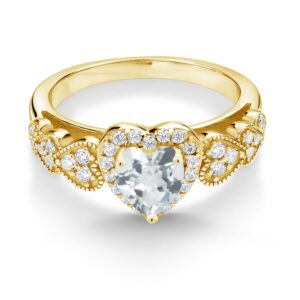 Gem Stone King 18K Yellow Gold Plated Silver Ring Set with Heart Shape Aquamarine and Moissanite (0.91 Cttw) (Size 8)